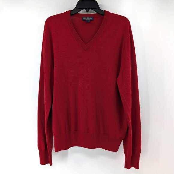 BROOKS BROTHERS Sweater‎ Men's L Red Saxon Wool Knit V Neck Long Sleeve - Picture 1 of 11